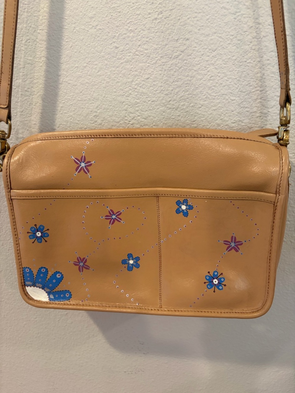 Tan Leather Crossbody Bag with Blue & Purple Floral Accents